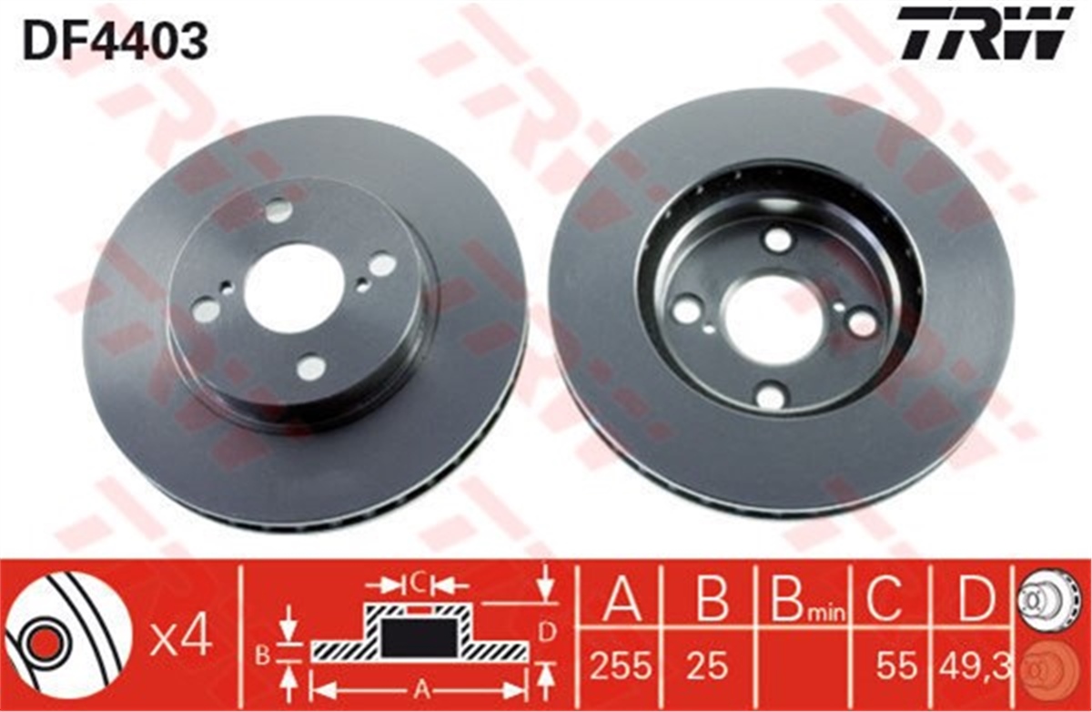 YEDEK PARÇAFREN DİSKİ ÖN . 43512-02070 JAPON COROLLA (E12) VERSO (E12) 1.6 02-03 02-06 1.4:1.6 TRW TRW DF4403TRWTRW DF4403