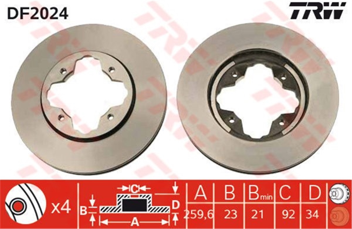 YEDEK PARÇAFREN DİSKİ ÖN ACCORD IV 1990-1994-ACCORD V 1993-1998-CIVIC VI-VII-ROVER 600 1993-1999 TRW DF2024TRWTRW DF2024
