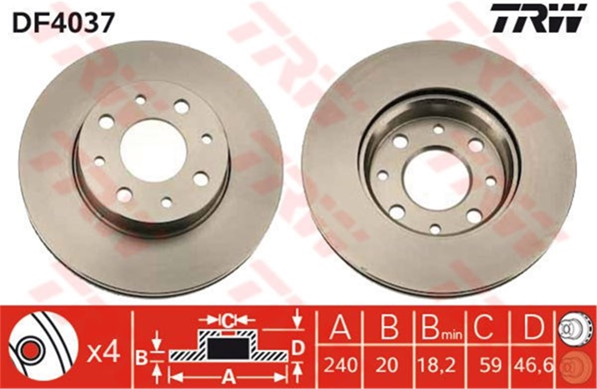YEDEK PARÇAFREN DİSKİ ÖN TK 240MM 46419204 FIAT PALIO/SIENEA 96- 1.2-1.4 TRW TRW DF4037TRWTRW DF4037