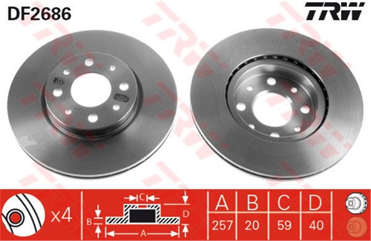 YEDEK PARÇAFREN DİSKİ ÖN TK 257MM 51749124 FIAT FIORINO/DOBLO/LINEA/ALBEA/IDEA/500/DEBRA/MITO/BIPPER/NEMO 03- BM TRW TRW DF2686TRWTRW DF2686
