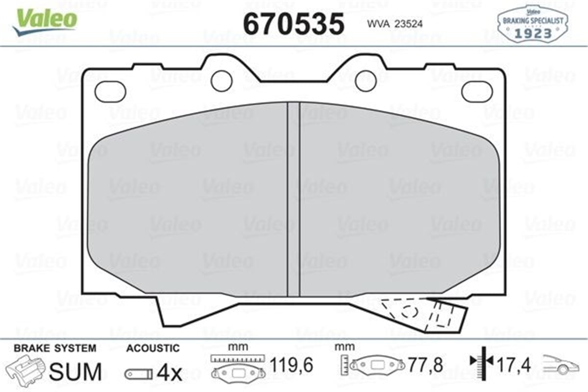 YEDEK PARÇAÖN BALATA LAND CRUISER 100 4.7 V8 98-02 4.2 TD 90-98 VALEO 670535VALEOVALEO 670535