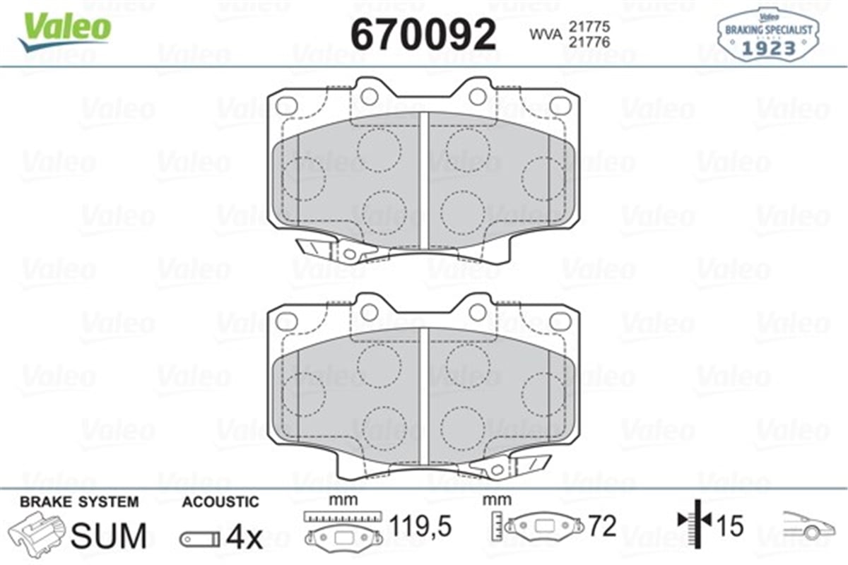 YEDEK PARÇAÖN BALATA LEXUS ES 95-97 VALEO 670092VALEOVALEO 670092