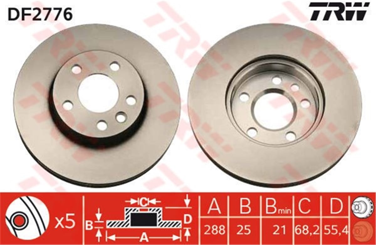 YEDEK PARÇAÖN FREN AYNASI SHARAN-ALHAMBRA-GALAXY 2.0-2.3 16V-2.8 VR6-1.8T 20V-1.9TDI 95-06 288X25X5DLXHAVALI TRW DF2776TRWTRW DF2776