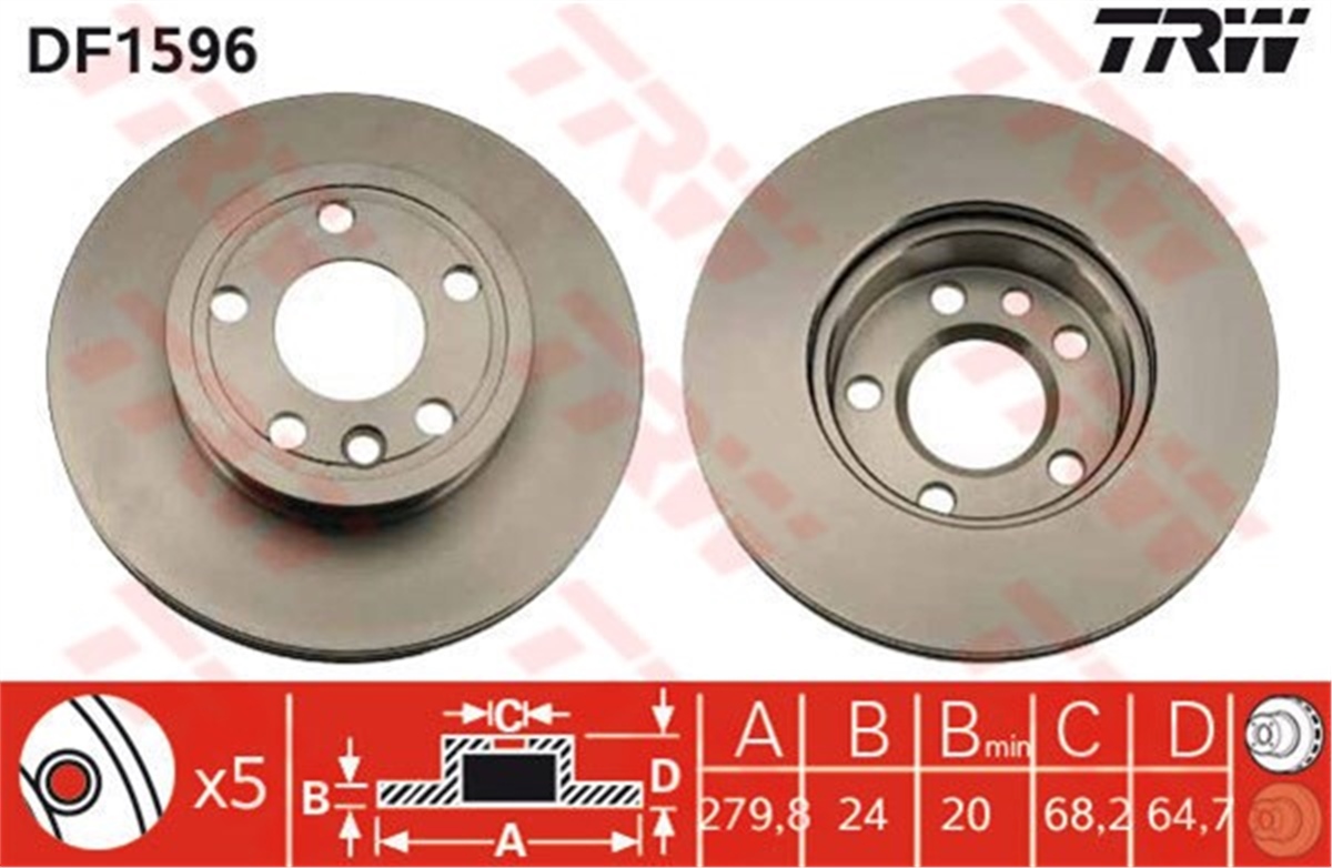YEDEK PARÇAÖN FREN AYNASI T4-CARAVELLA 1.8-1.9D-1.9TDI-2.0-2.4D-2.5-2.5TDI-2.8 90-97 279.8X24X5DLXHAVALI TRW DF1596TRWTRW DF1596