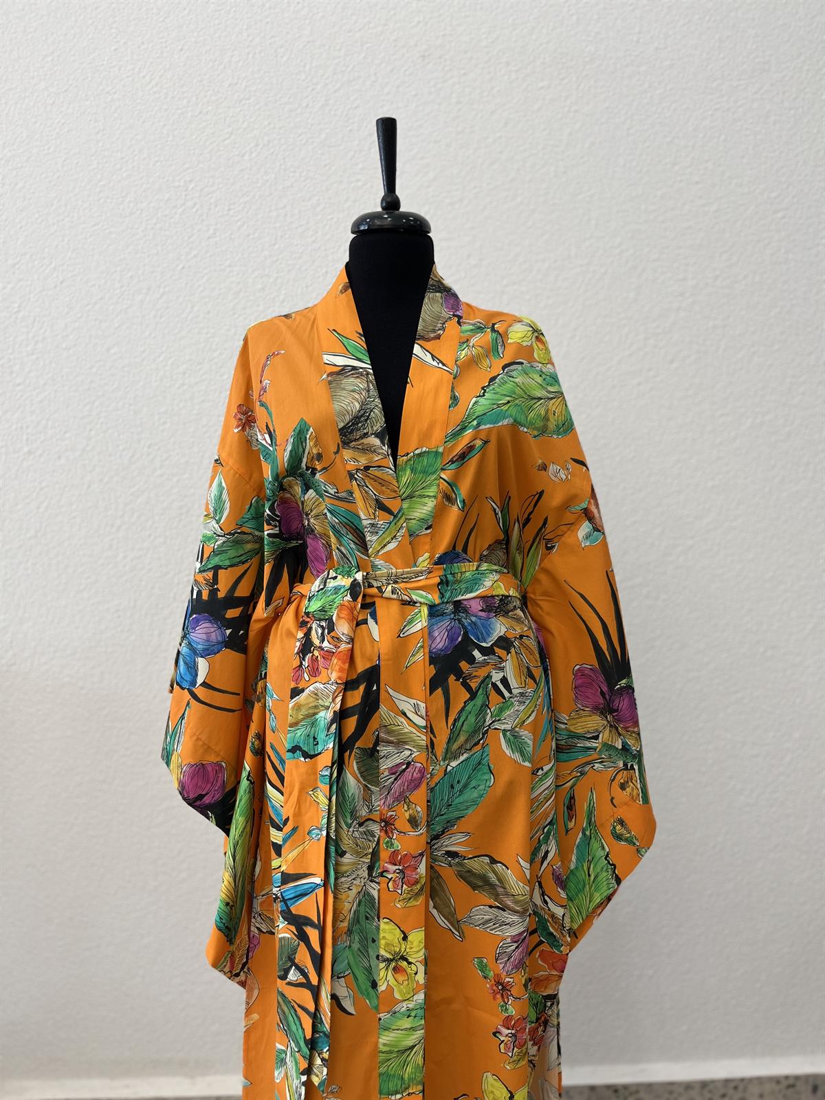 Kahverengi Çizgili Keten Kimono