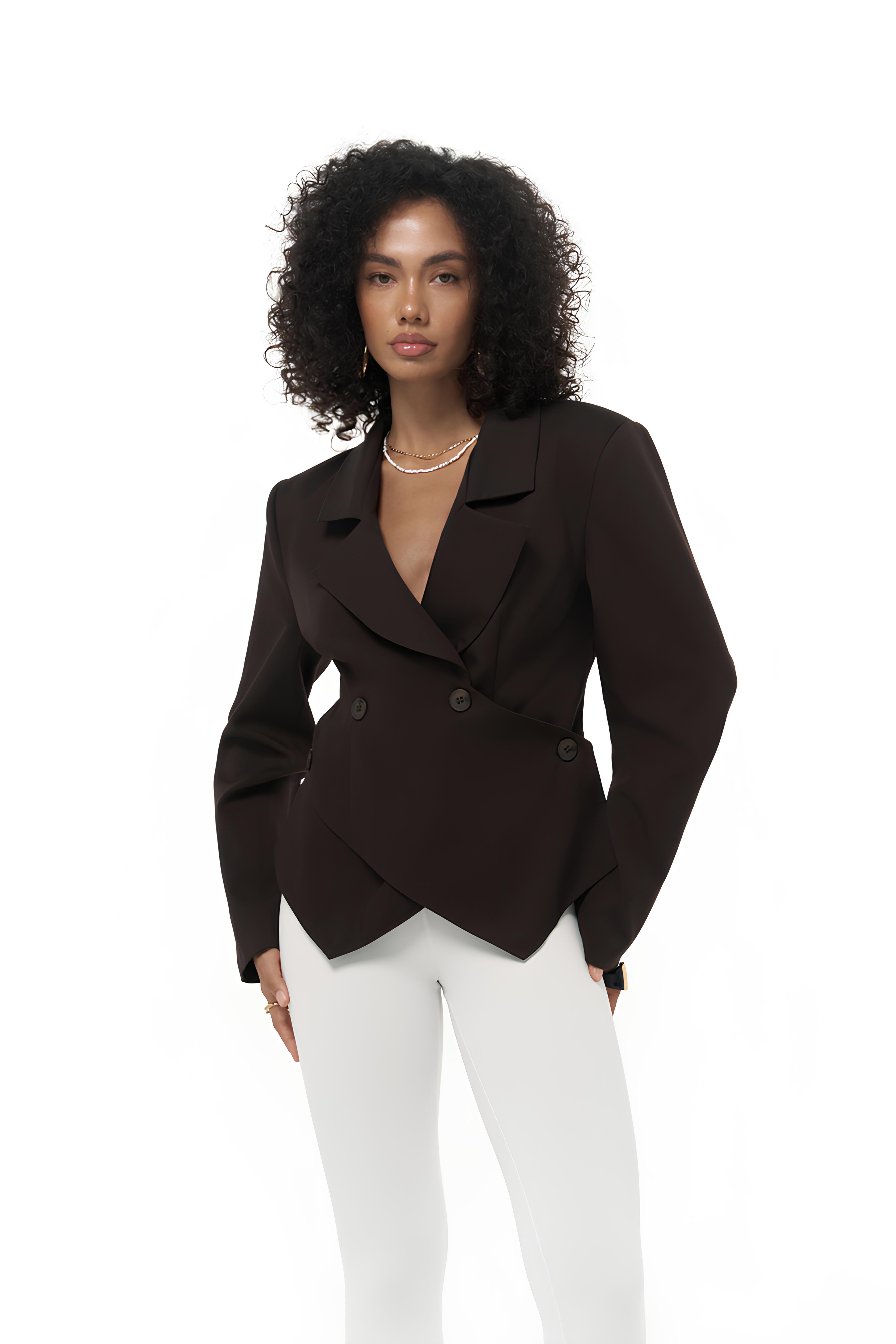 Kruvaze Kapamalı Kahverengi  Blazer Ceket mkn5018