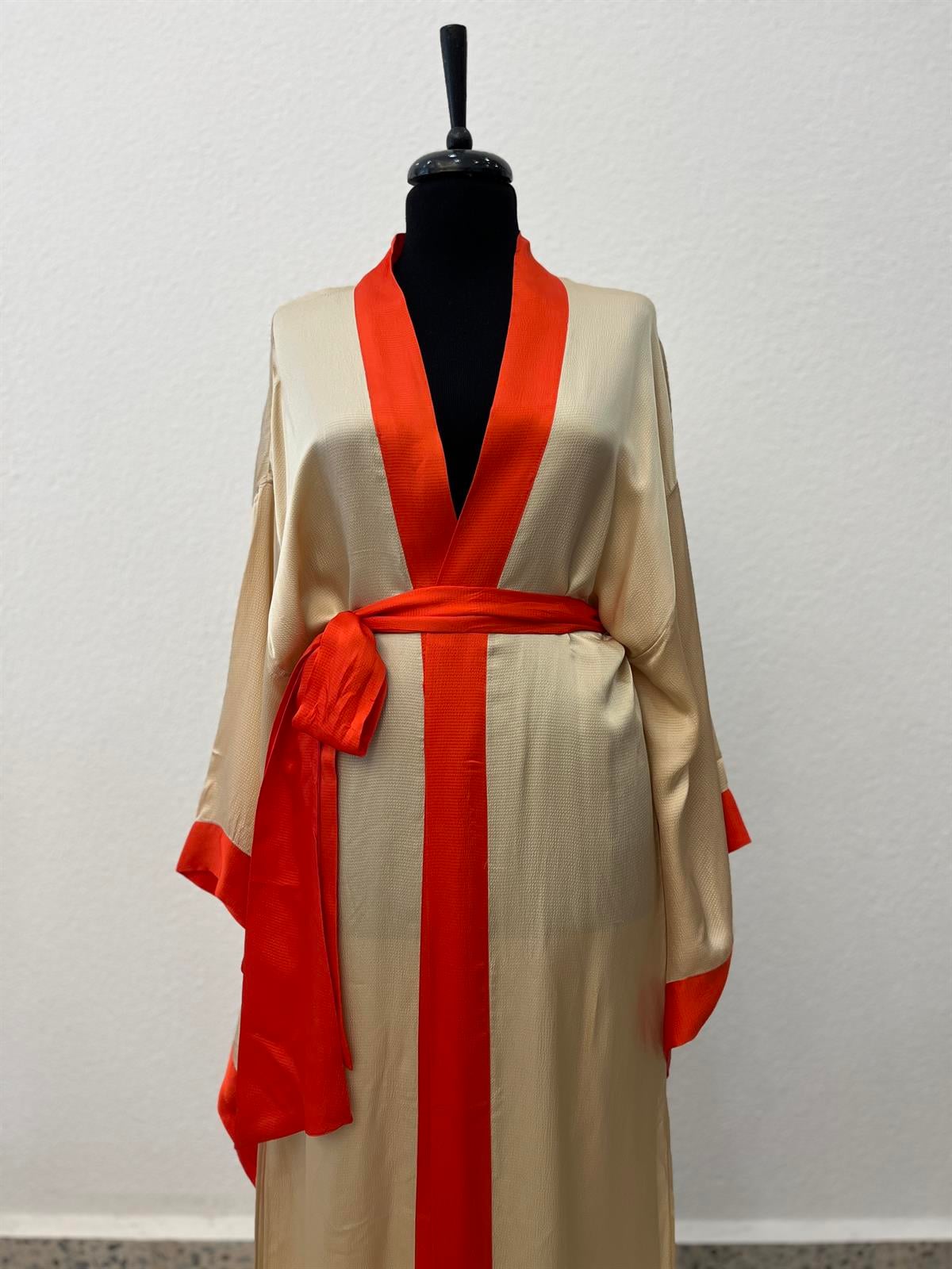 Bej Turuncu Saten Kimono
