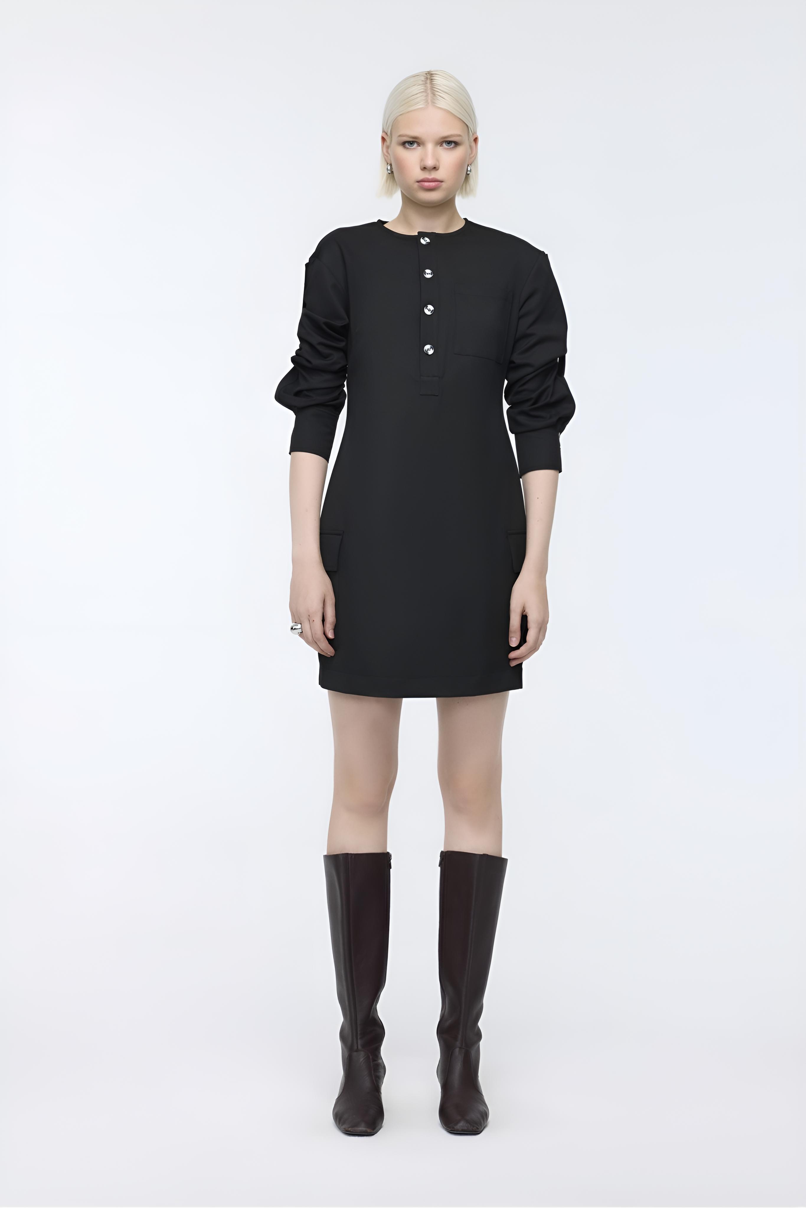 Cep Detaylı Siyah Mini Elbise mkn3003