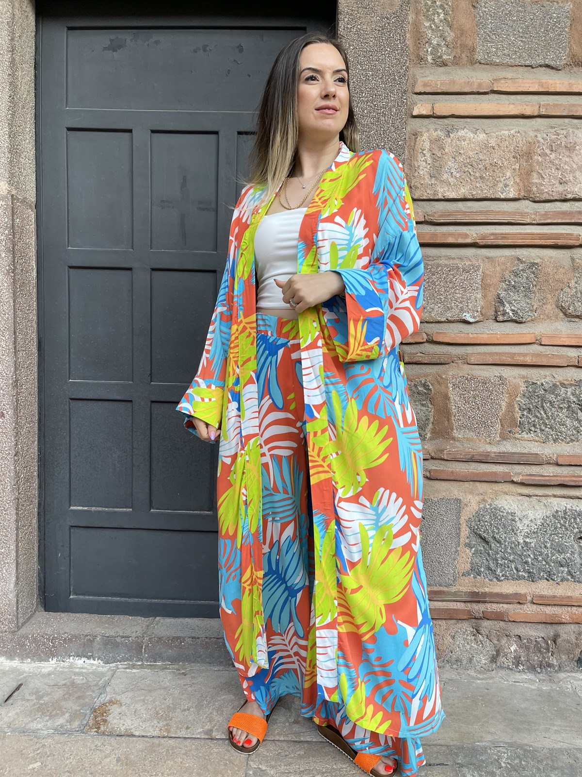 renkli yapraklı kimono pantolon takım