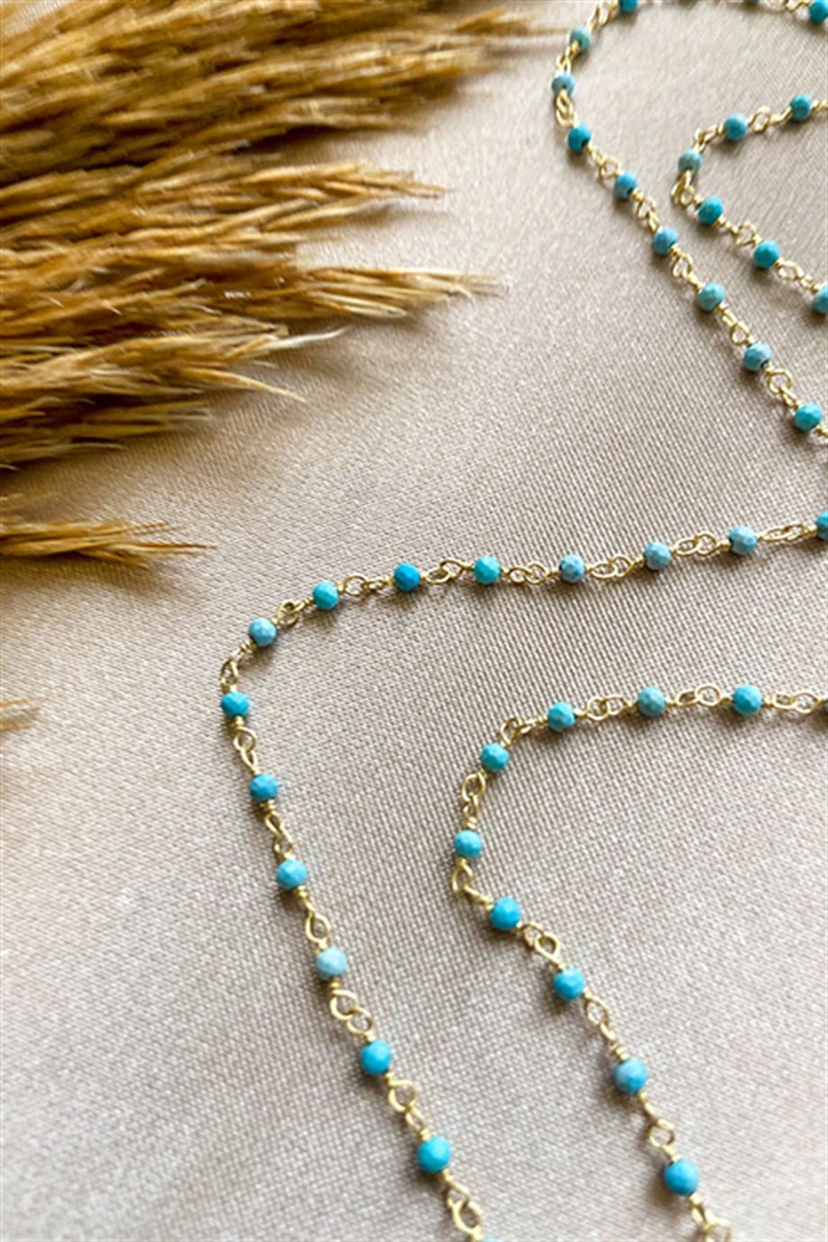 Firuze Taşlı Altın Kaplama Gümüş Rosary Kadın Kolye