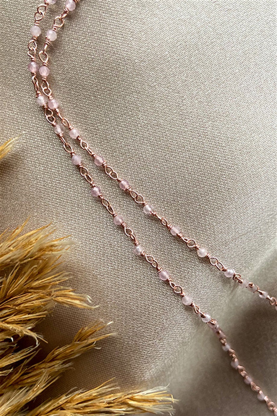 Pembe Kuvars (Rose Quartz) Taşlı Rose Kaplama Gümüş Kadın Kolye