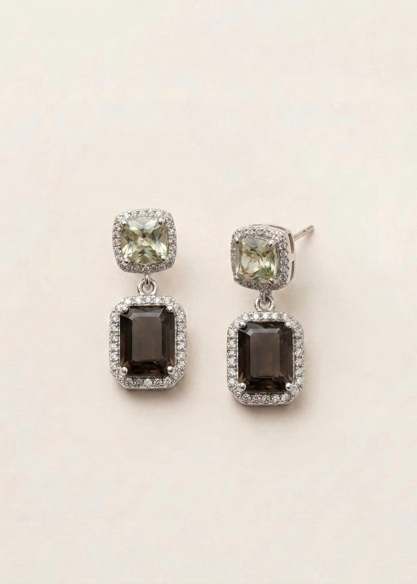 Smoky Quartz e Yeşil Ametist Pırlanta Küpe