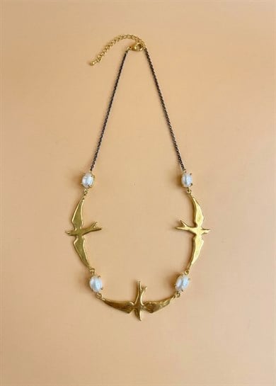 Swallow & Pearl Pirinç Tasarım Kolye