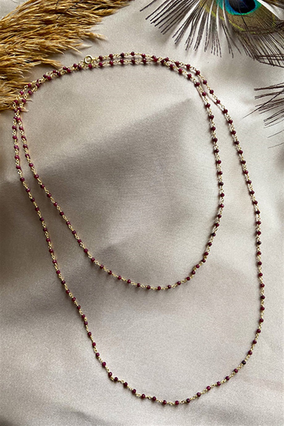 Garnet (Lal) Taşlı Altın Kaplama Gümüş Rosary Kadın Kolye