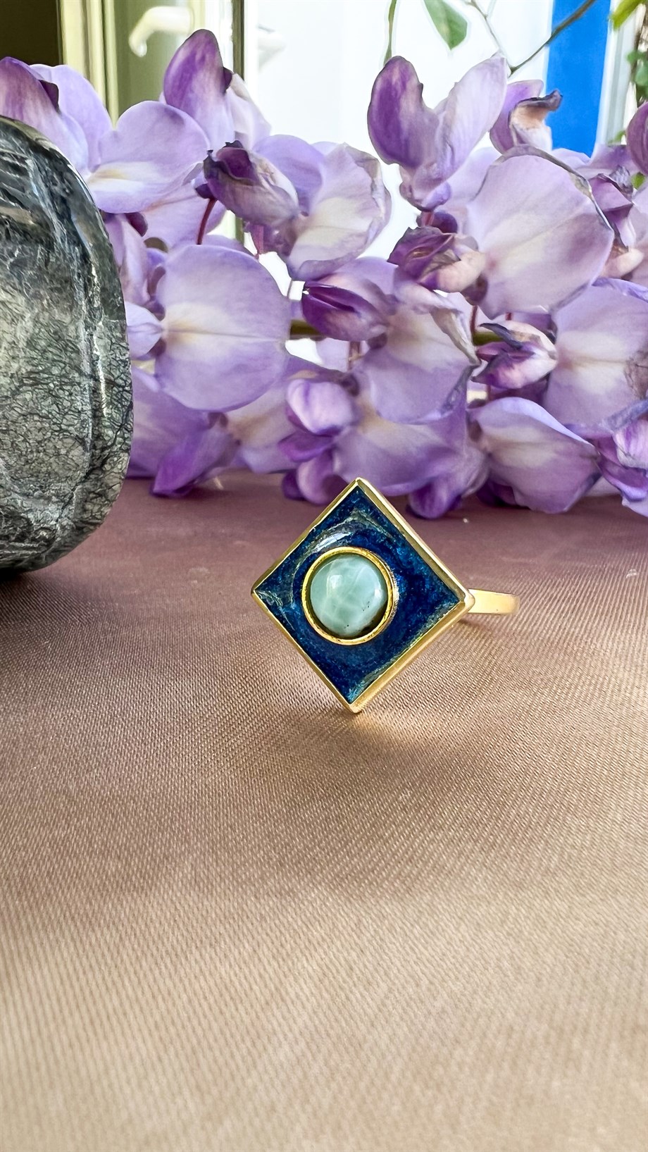 Gümüş Üzeri Mineli Larimar Yüzük