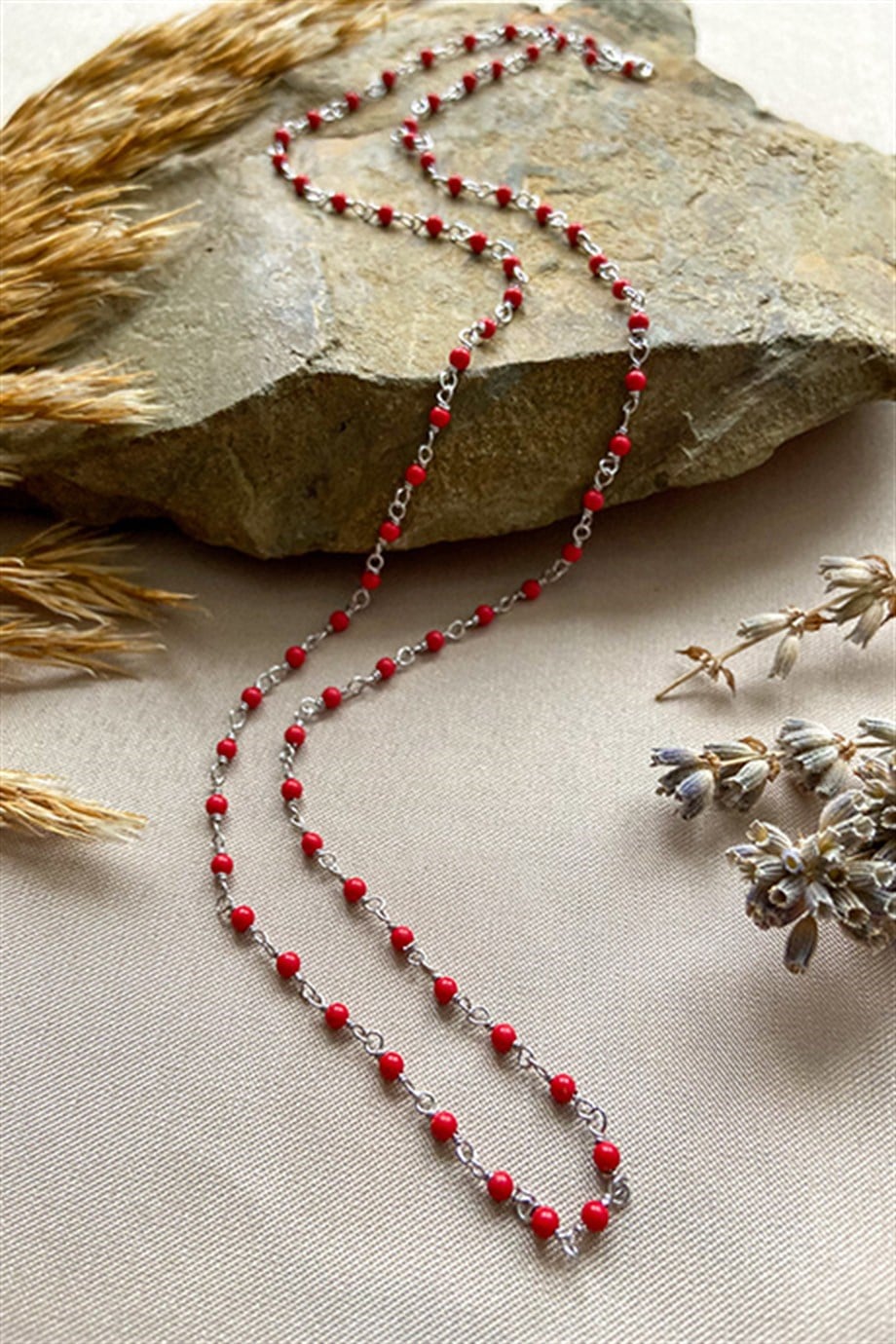 Mercan Taşlı Gümüş Rosary Kadın Kolye