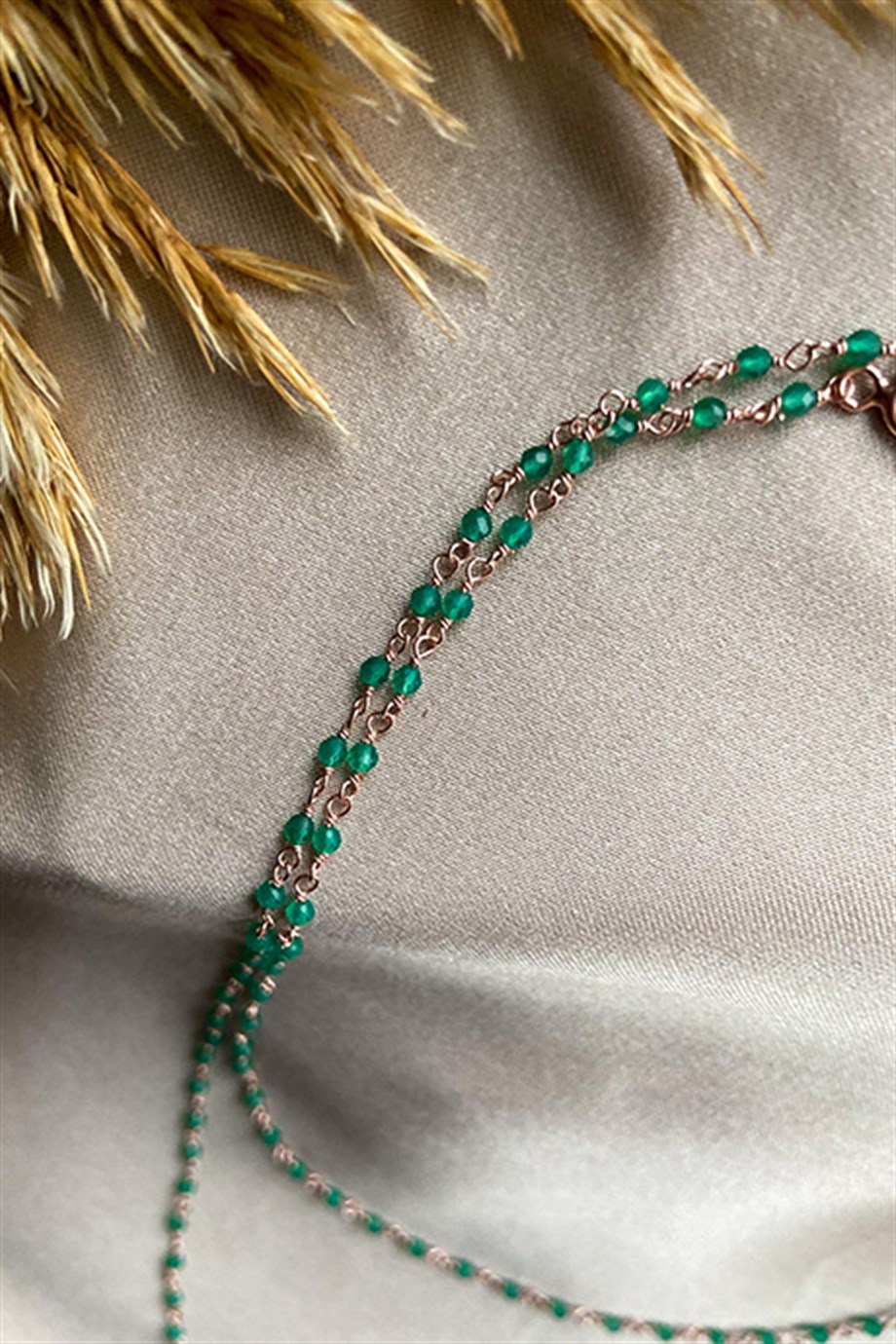 Yeşil Akik Rose Kaplama Gümüş Rosary Kadın Kolye