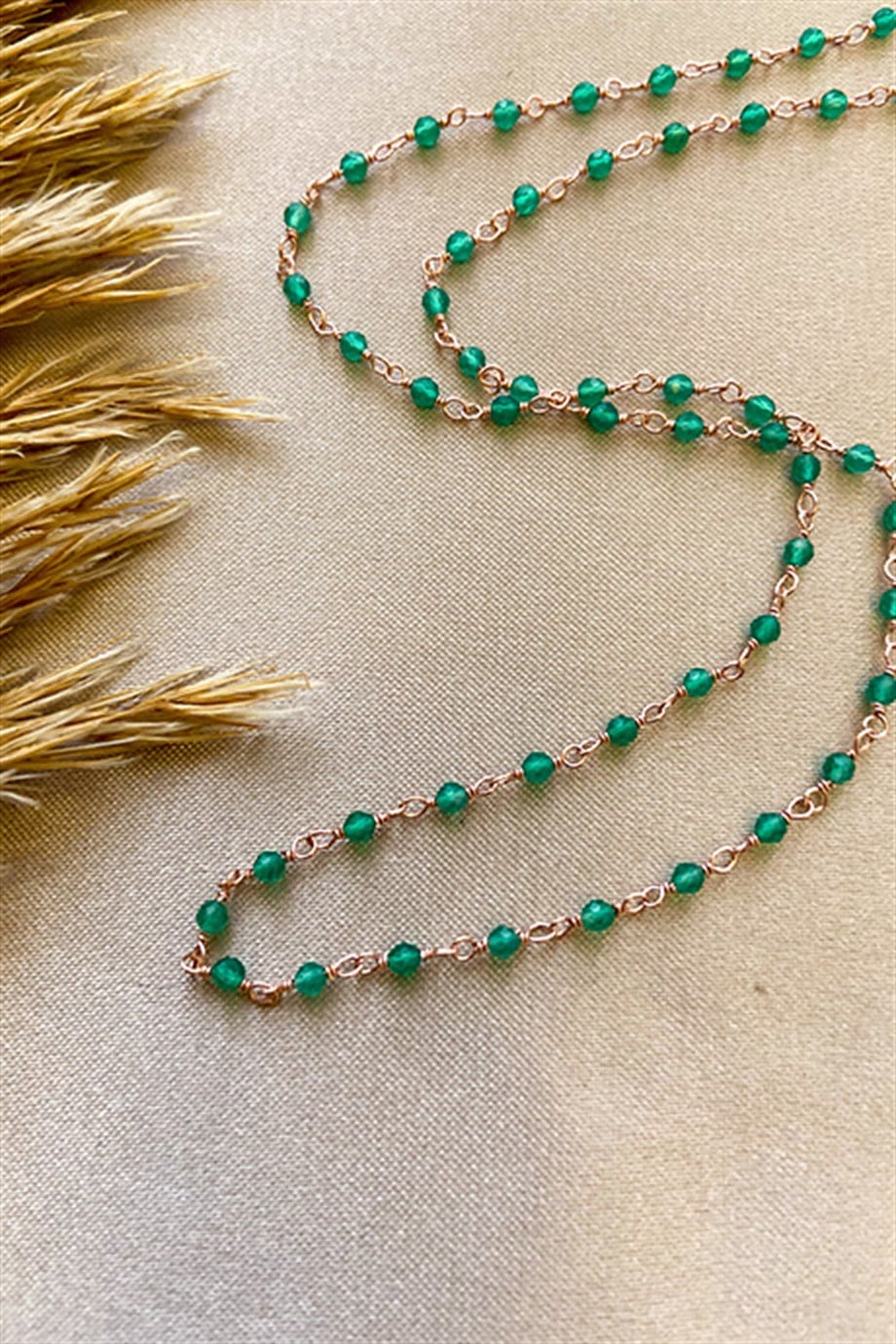 Yeşil Akik Rose Kaplama Gümüş Rosary Kadın Kolye