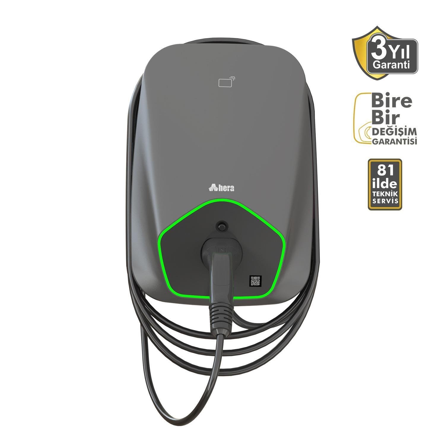 Hera Araç Şarj Cihazı BC31C Type2 Kablolu 32A-22KW Trifaze Gri RFID Sistem