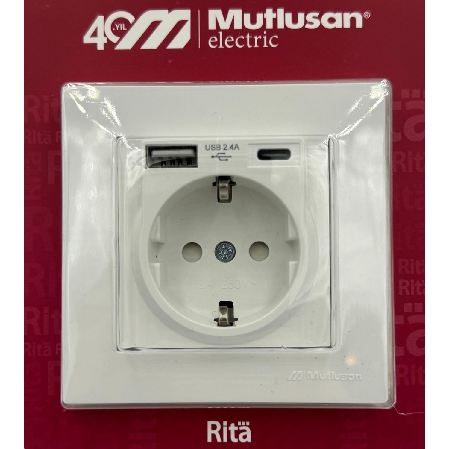 Mutlusan Rita Beyaz USB + Type C Şarjlı Topraklı Priz