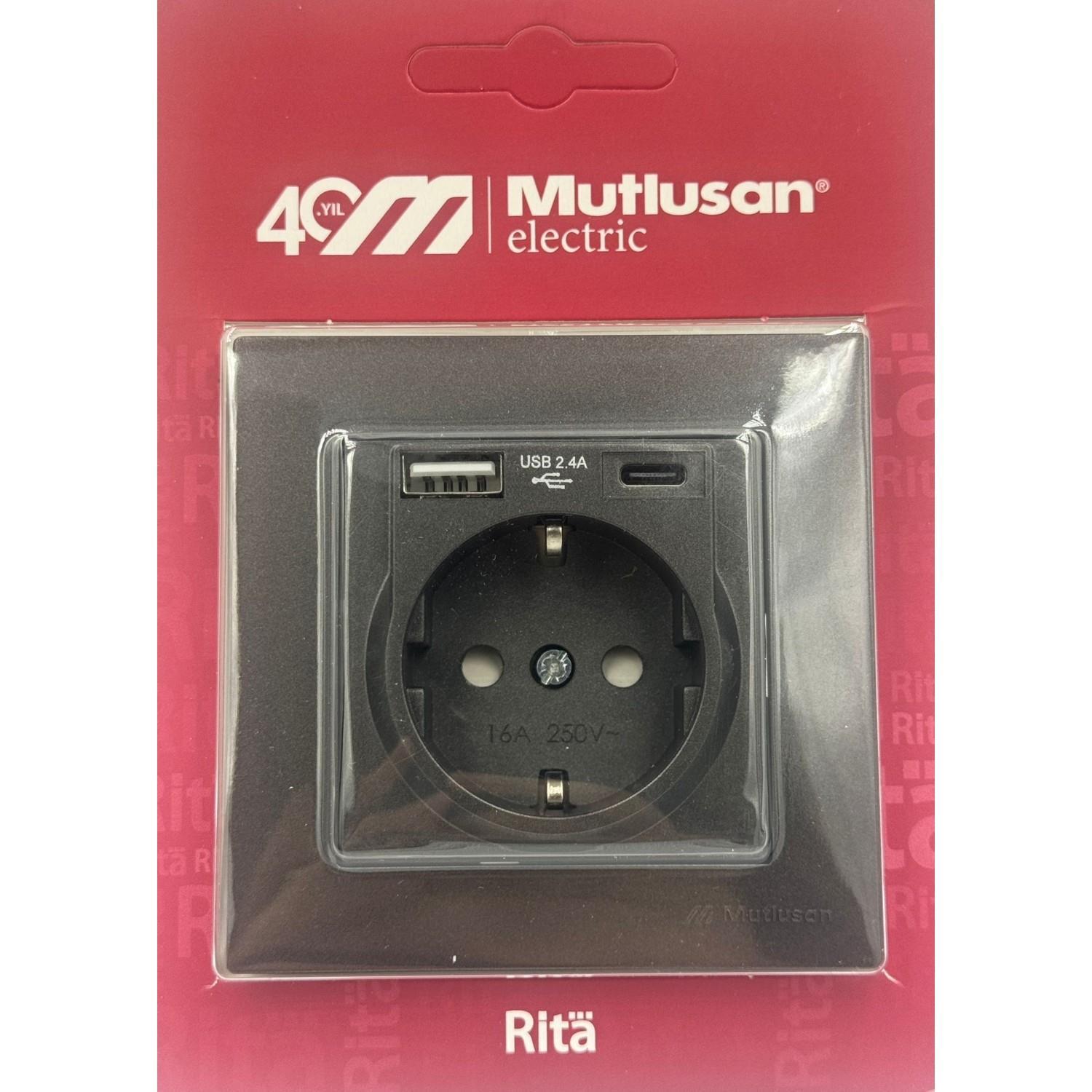 Mutlusan Rita Füme USB + Type C Şarjlı Topraklı Priz