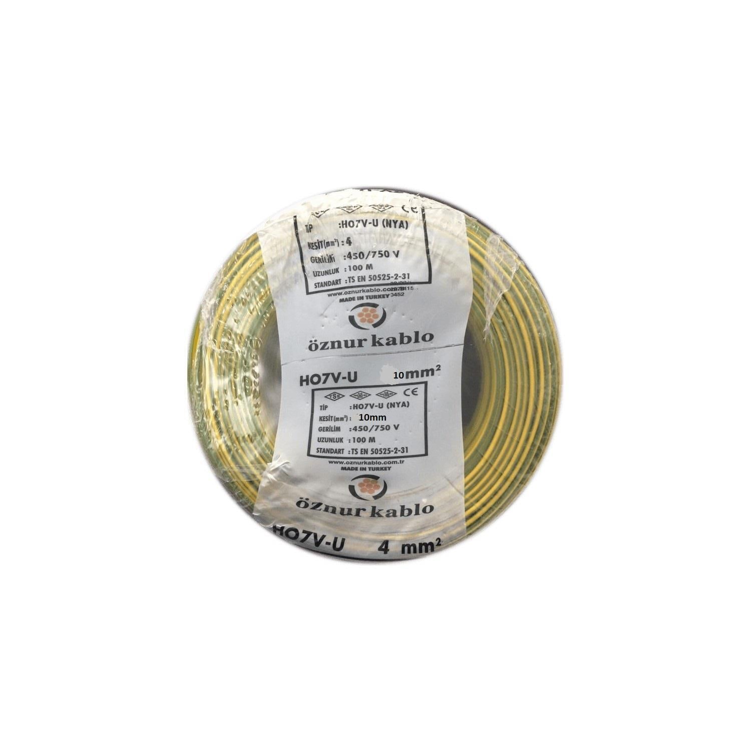 Öznur 10 mm NYA Kablo Sarı-Yeşil 100 metre  %100 Bakır
