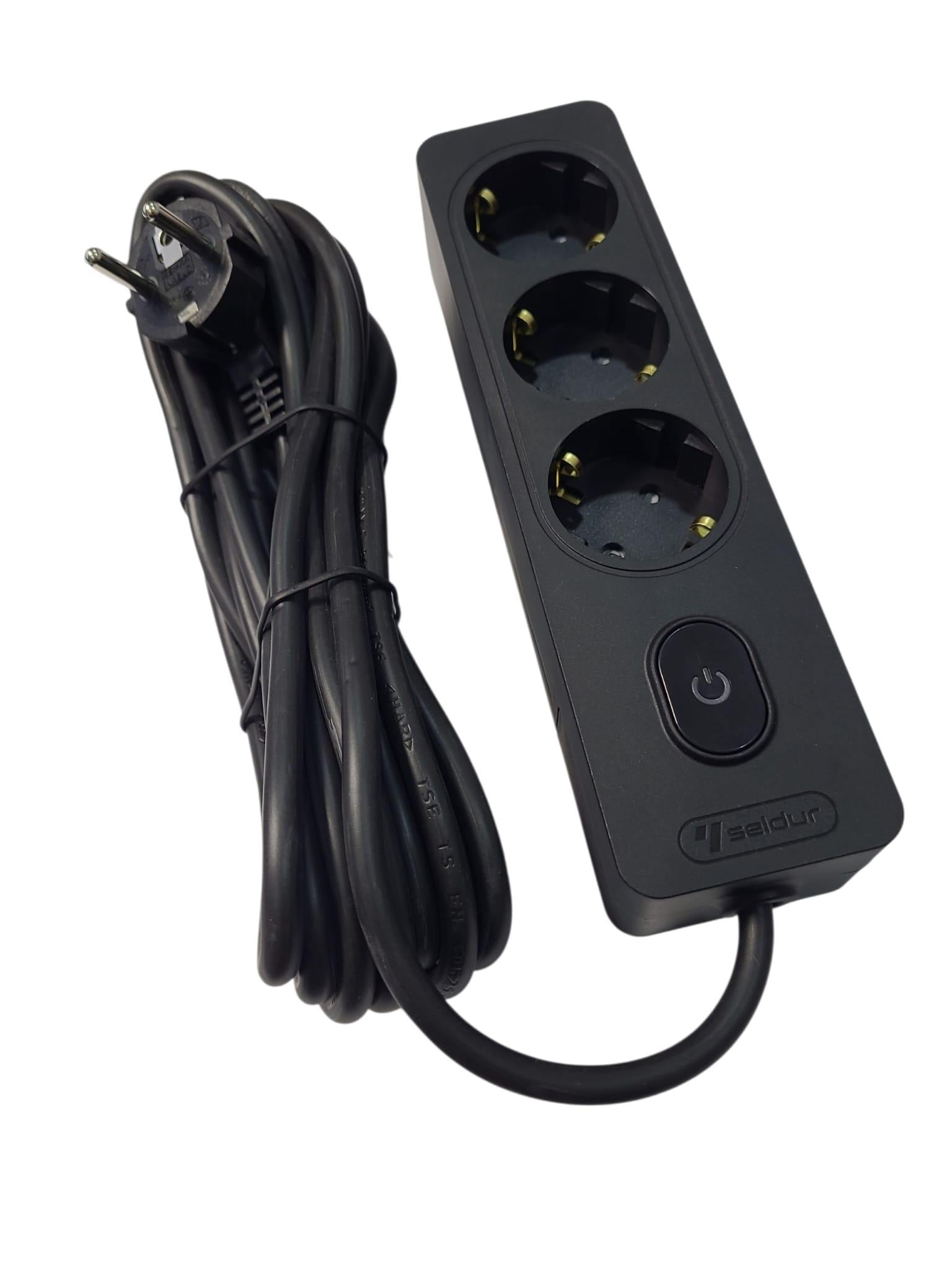 Seldur Üçlü Anahtarlı Topraklı Grup Priz Siyah 5 mt ÇK