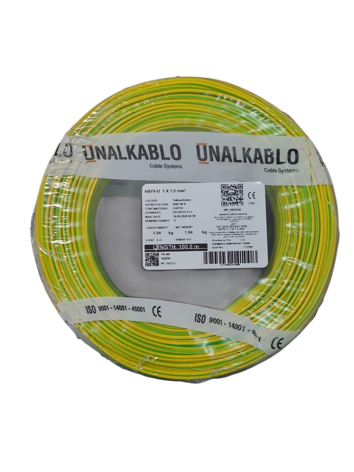 Ünal 1,5mm NYA Sarı-Yeşil 1mt