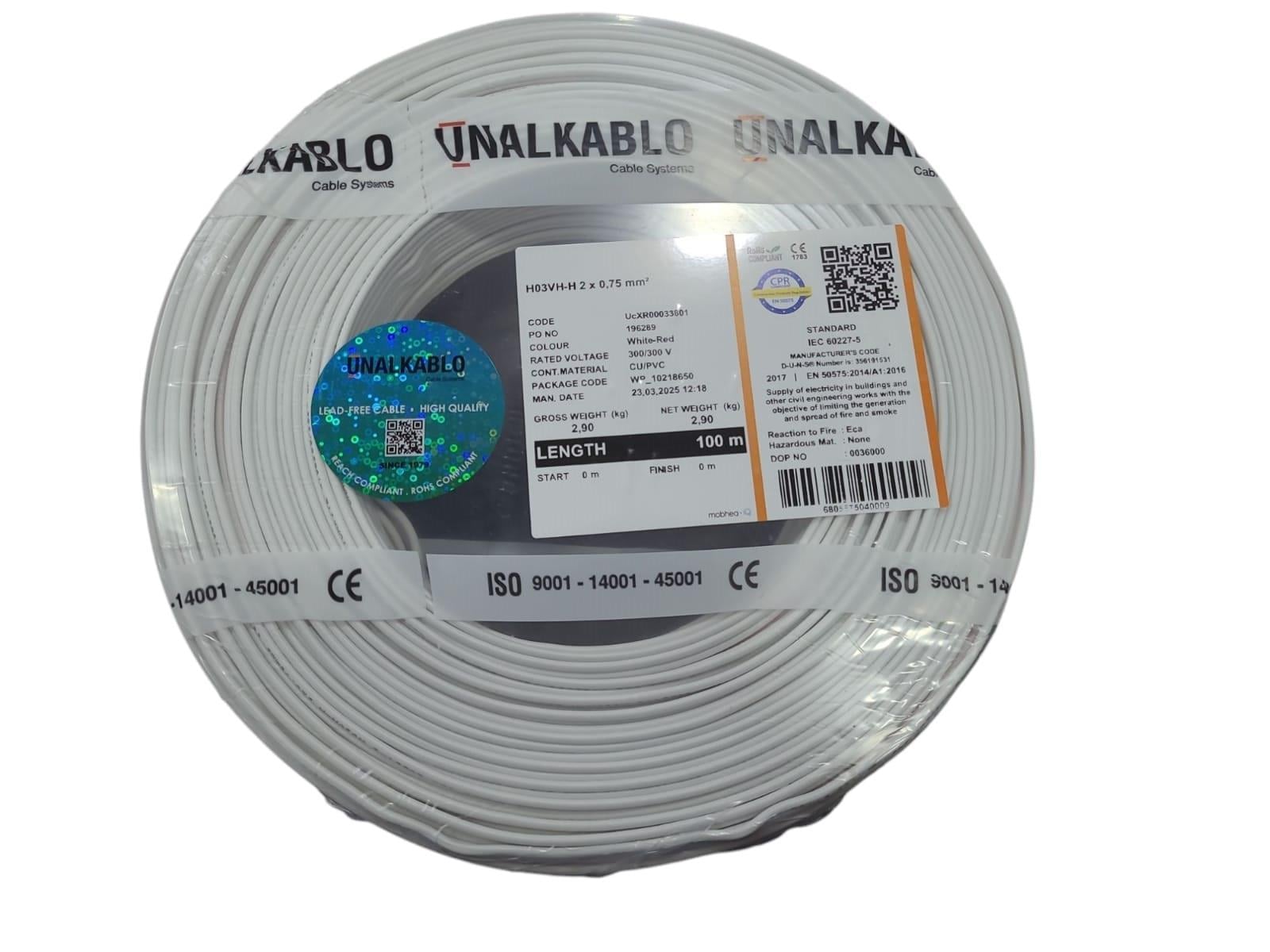 Ünal Kablo 2x0,75 Yassı Kordon 100mt