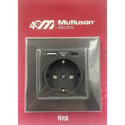 Mutlusan Rita Füme USB + Type C Şarjlı Topraklı Priz