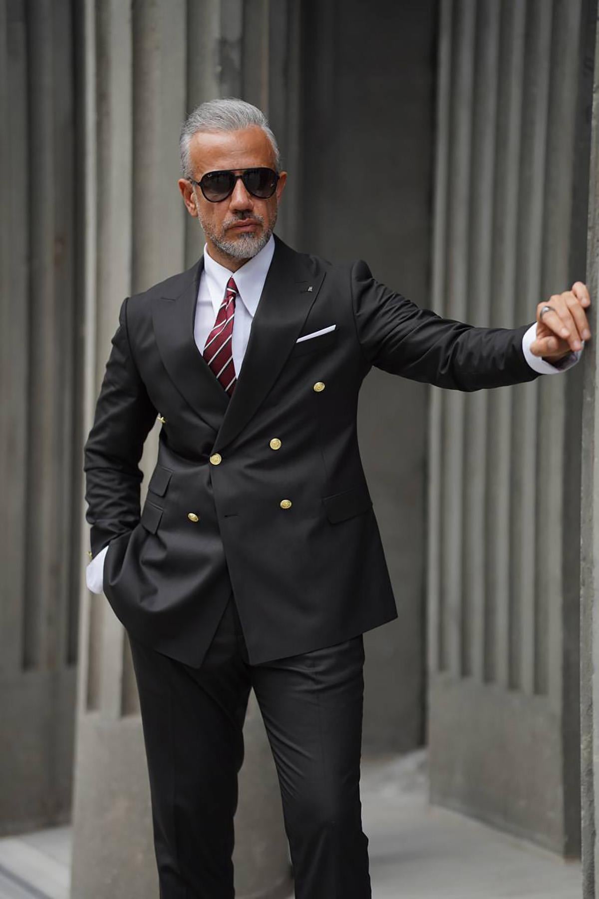GOLDEN BUTTON DETAILED DOUBLE POCKET BLACK SUIT