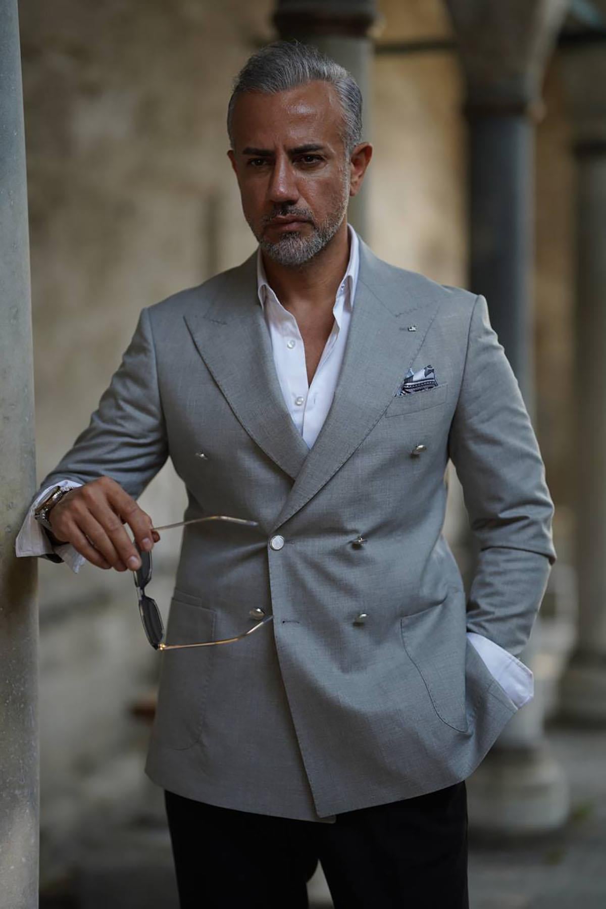 DOUBLE BAG POCKET METAL BUTTON DETAILED PREMIUM DOUBLE BREASTED  GRAY JACKET