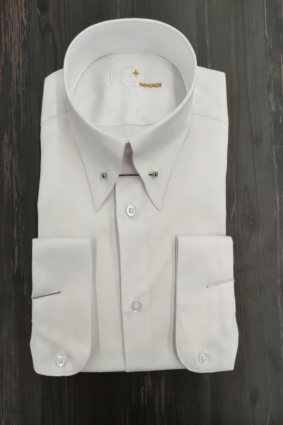 LYCRA SATIN WHITE SHIRT WITH METAL ACCESSORIES
