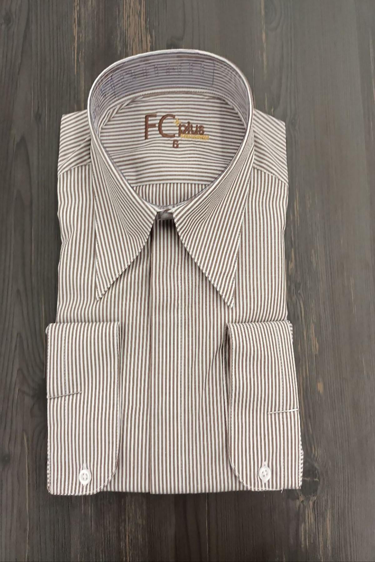  LONG COLLAR STRIPED BROWN SHIRT