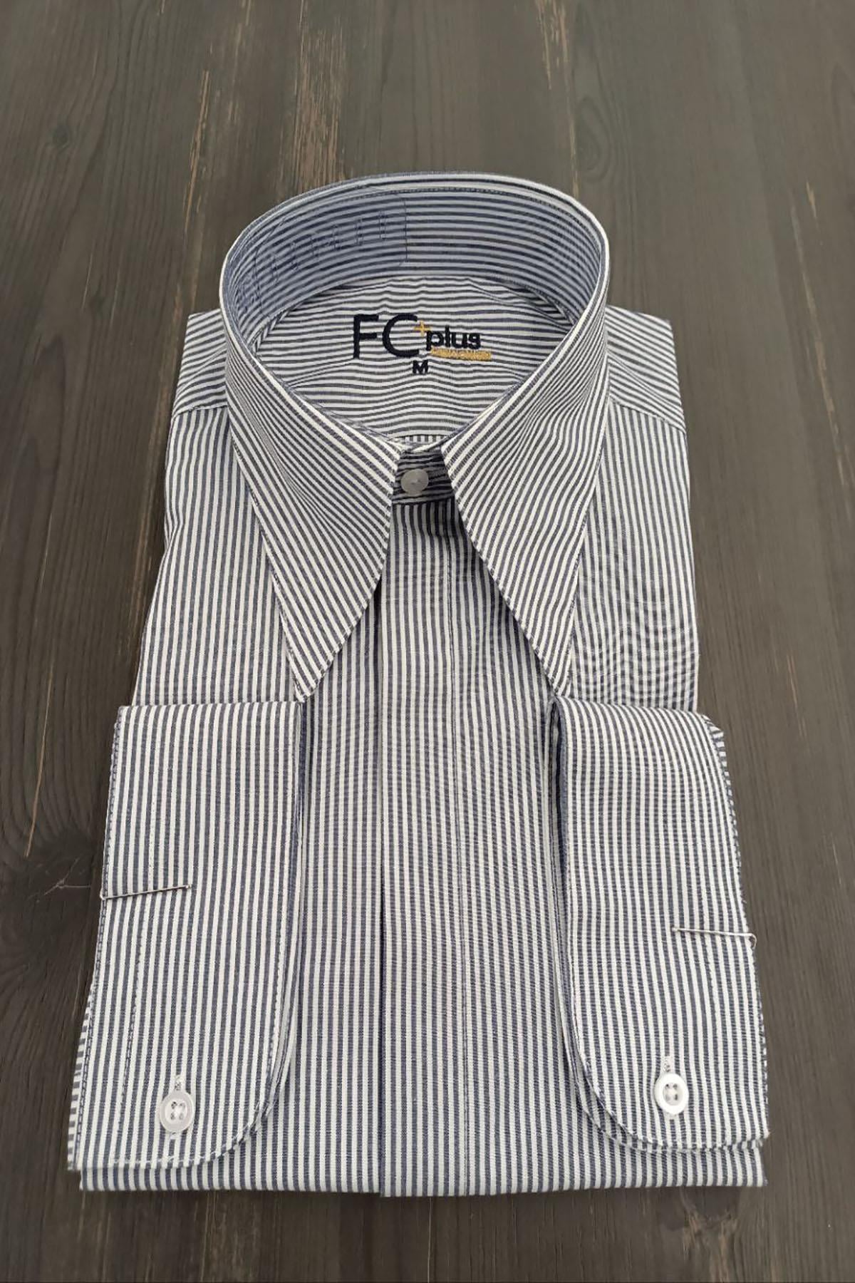  LONG COLLAR STRIPED NAVY BLUE SHIRT