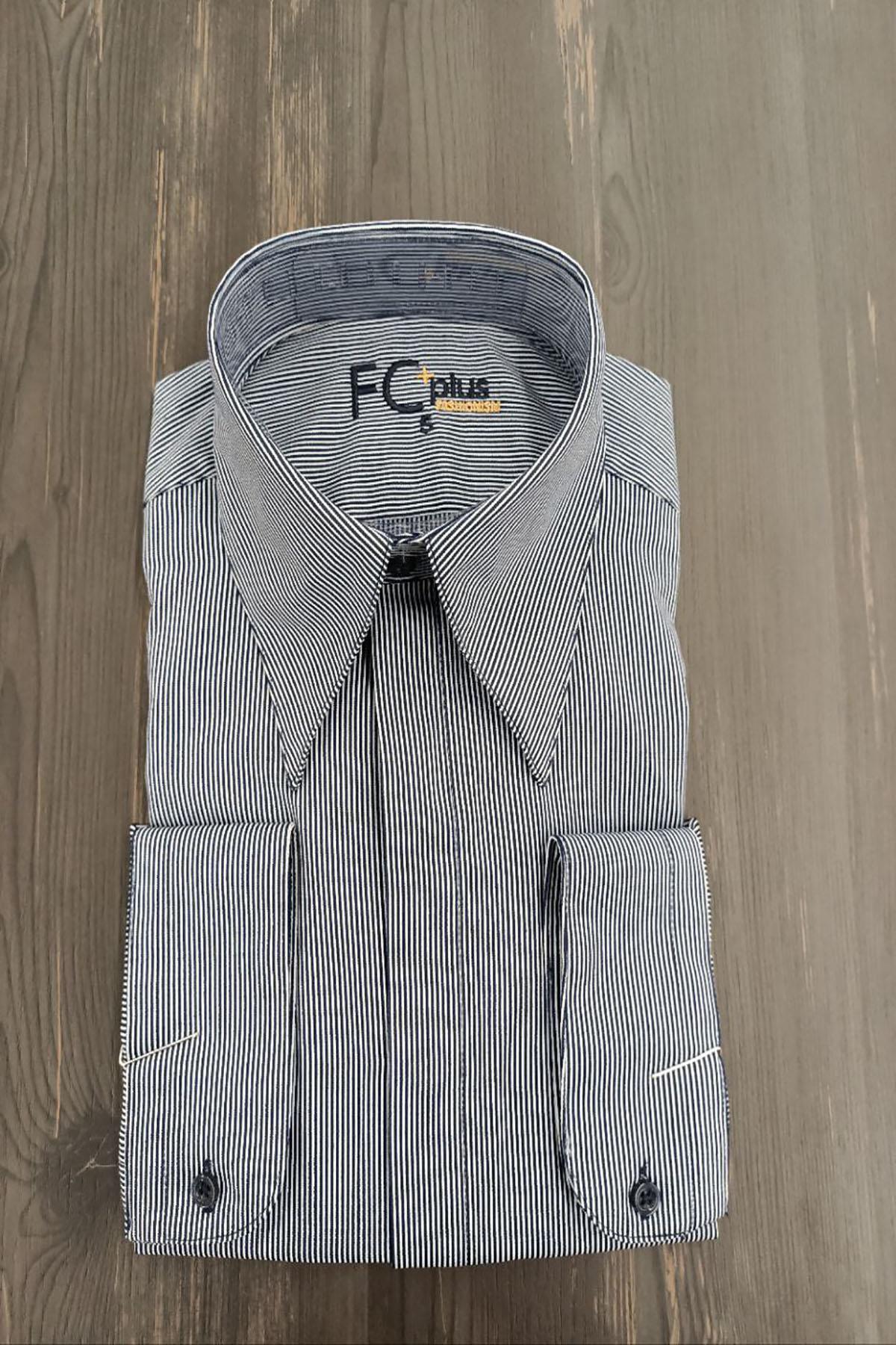  LONG COLLAR STRIPED NAVY BLUE SHIRT