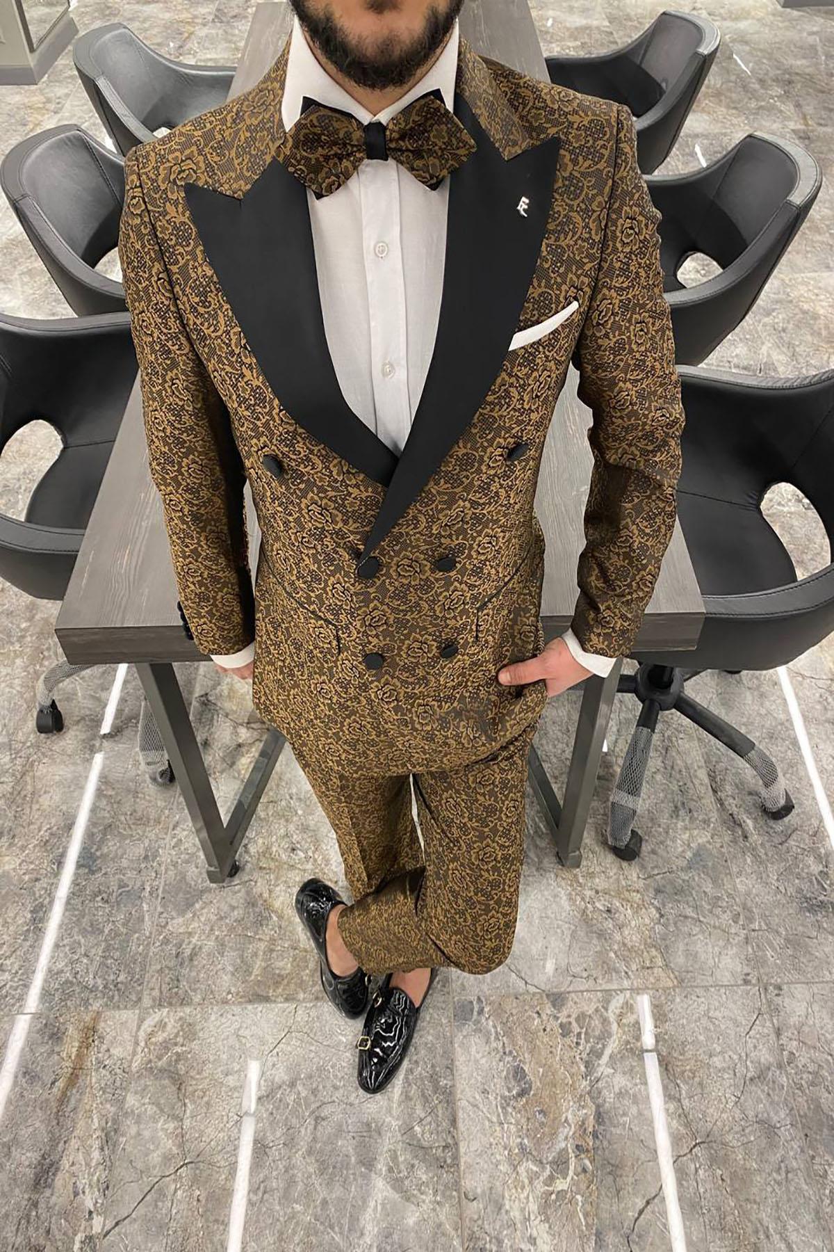  SELF PATTERNED SPECIAL DESIGN BOW TIE DOUBLE BREASTED BROWN SUIT
