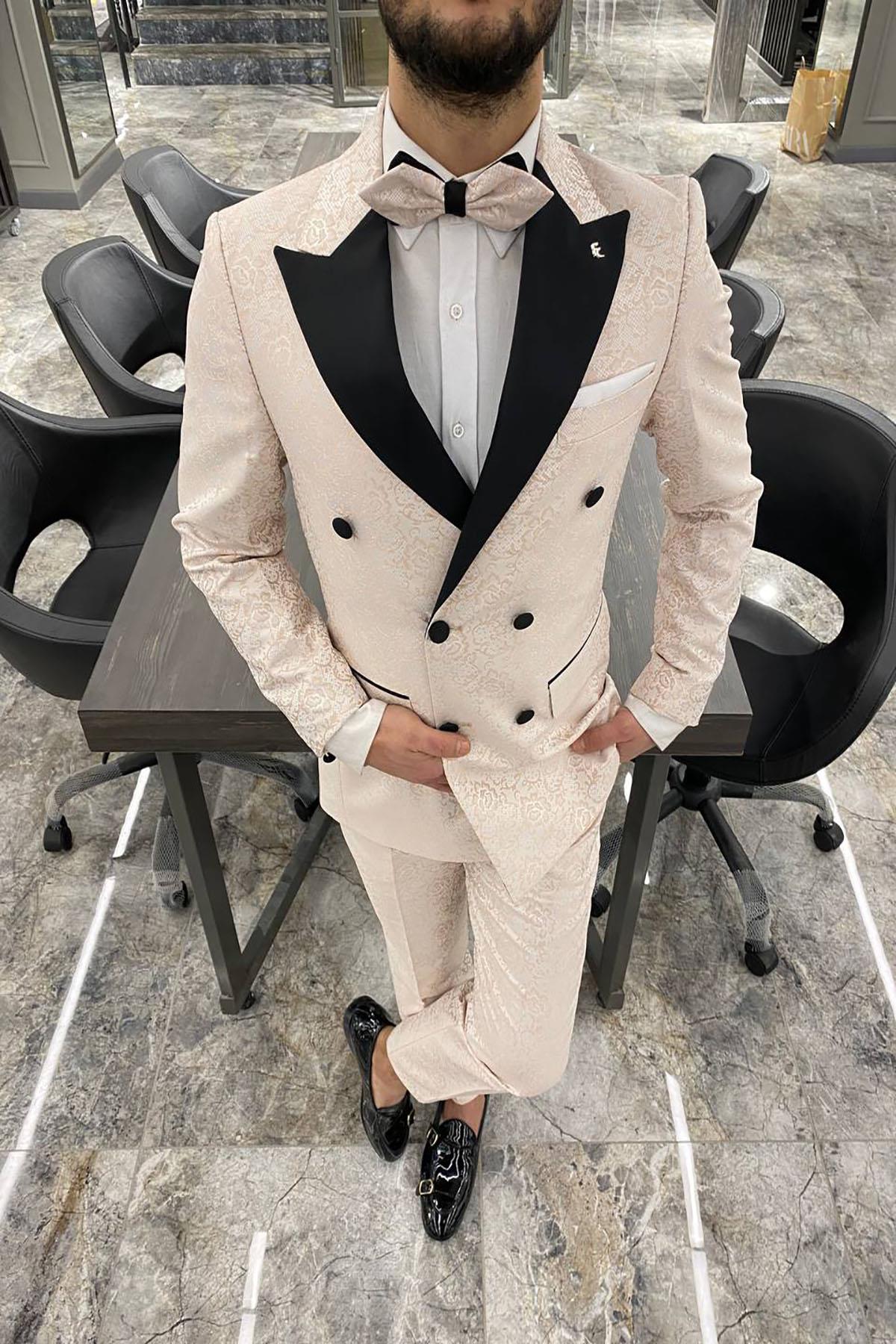  SELF PATTERNED SPECIAL DESIGN BOW TIE DOUBLE BREASTED BEIGE SUIT