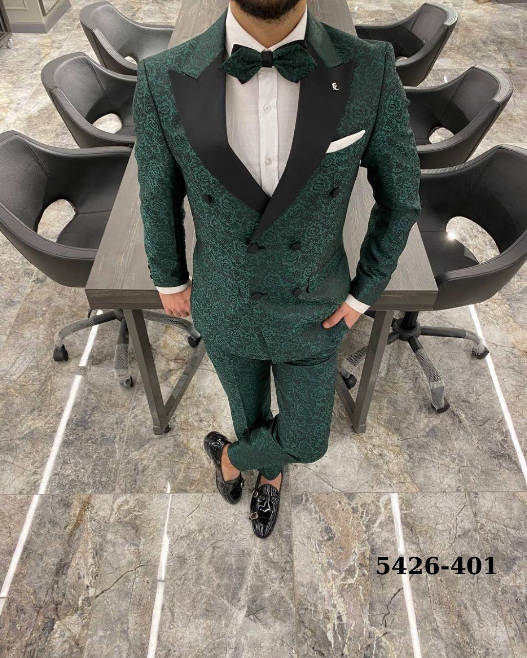  SELF PATTERNED SPECIAL DESIGN BOW TIE DOUBLE BREASTED GREEN SUIT