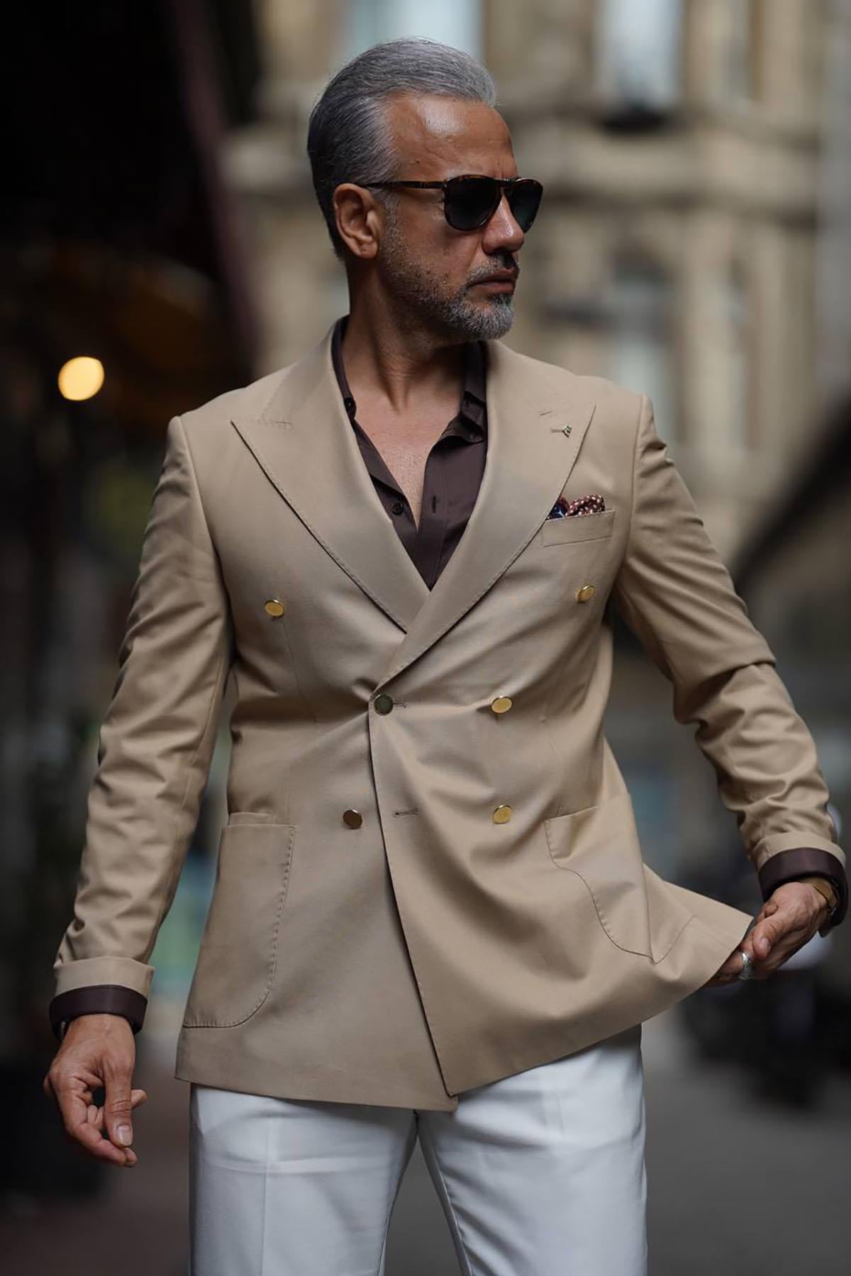  DOUBLE BAG POCKET METAL BUTTON DETAILED PREMIUM DOUBLE BREASTED BEIGE JACKET