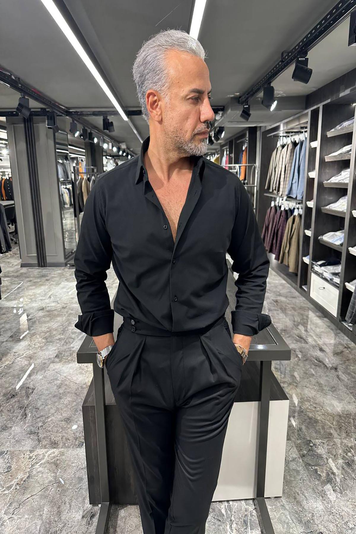  ITALIAN COLLAR DOUBLE CUFF BLACK SHIRT