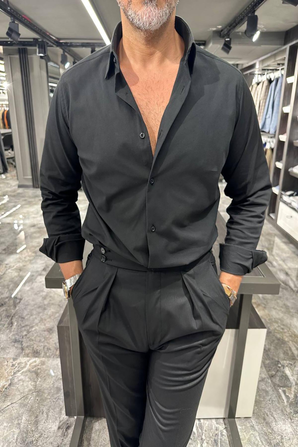 ITALIAN COLLAR DOUBLE CUFF BLACK SHIRT