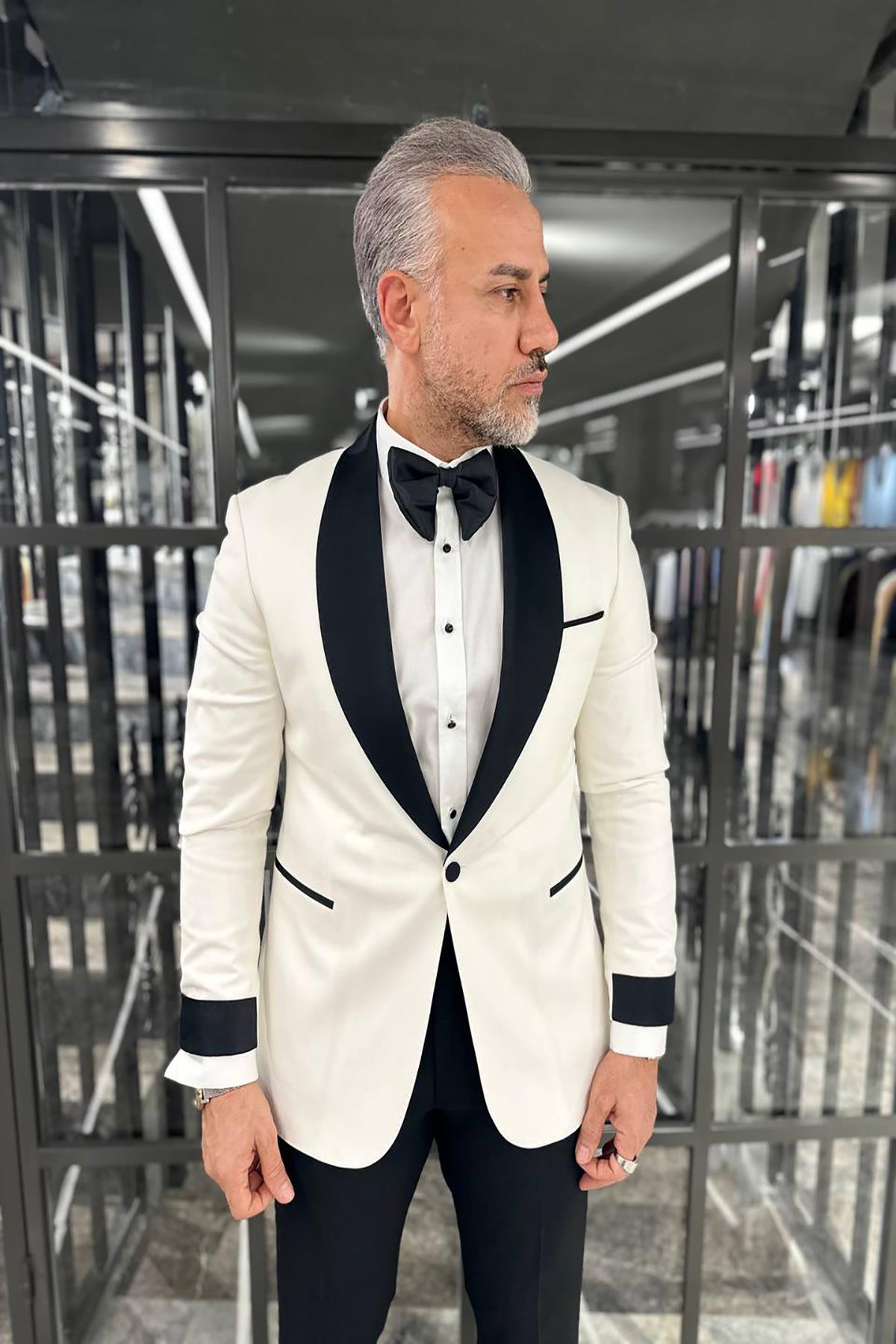  SHAWCOLLAR SATIN PREMIUM WHITE Groom SUIT