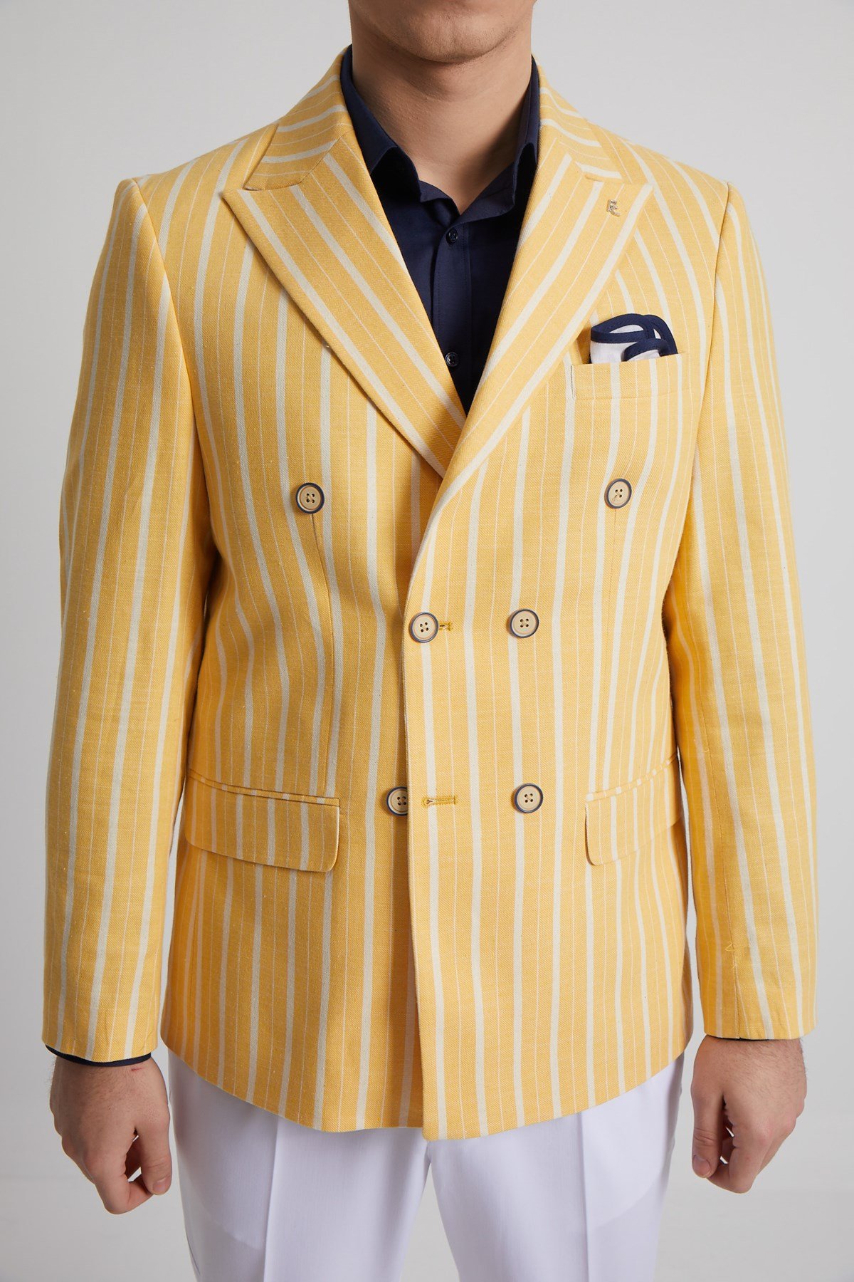 YELLOW STRIPED DOUBLE BREASTED JACKET - SLIM FIT