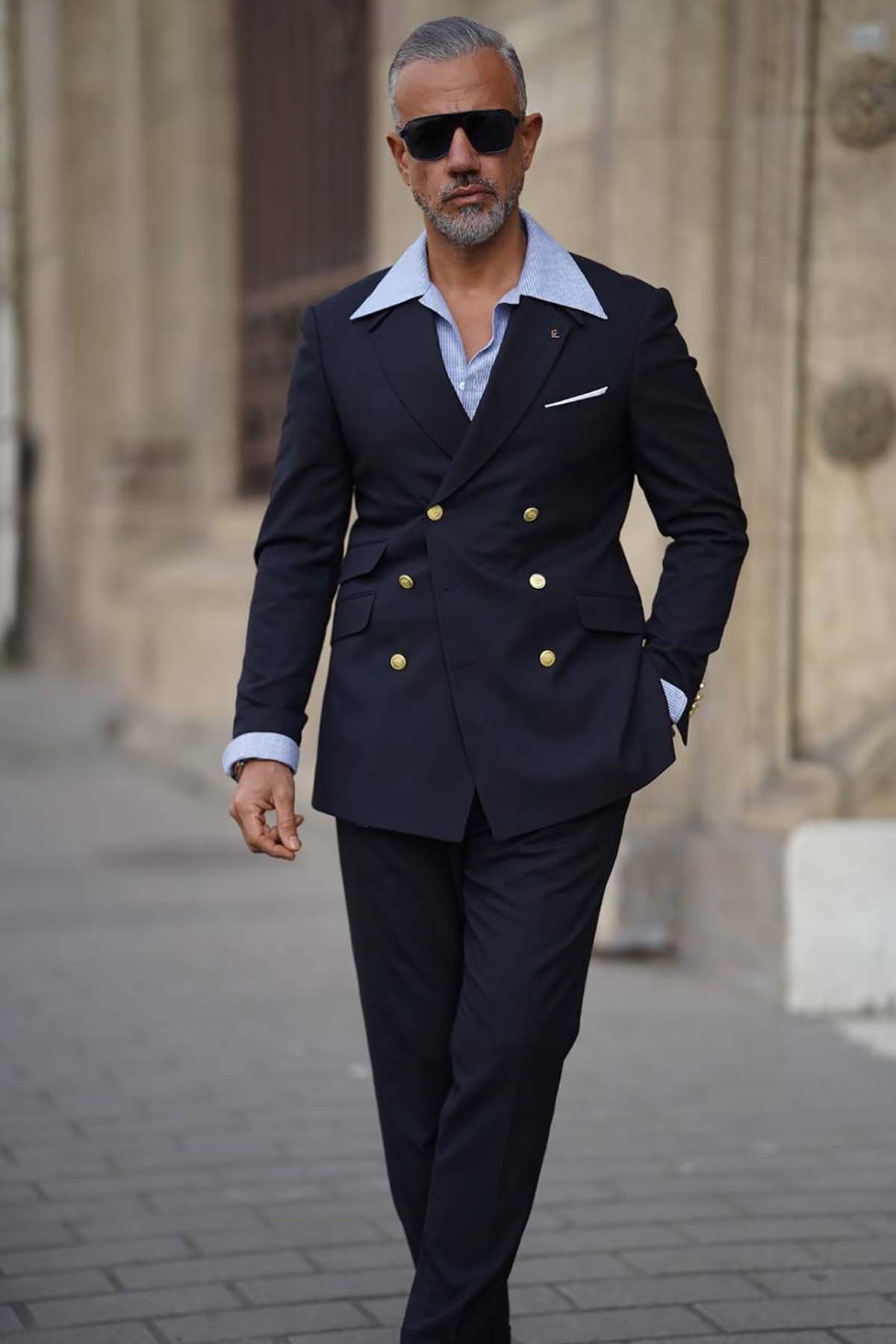 slim fit dress slacks Men's One Button Peak Lapel Vested Suit with Gold Buttons in Navy Blue 48 Regular / Navy main image 0