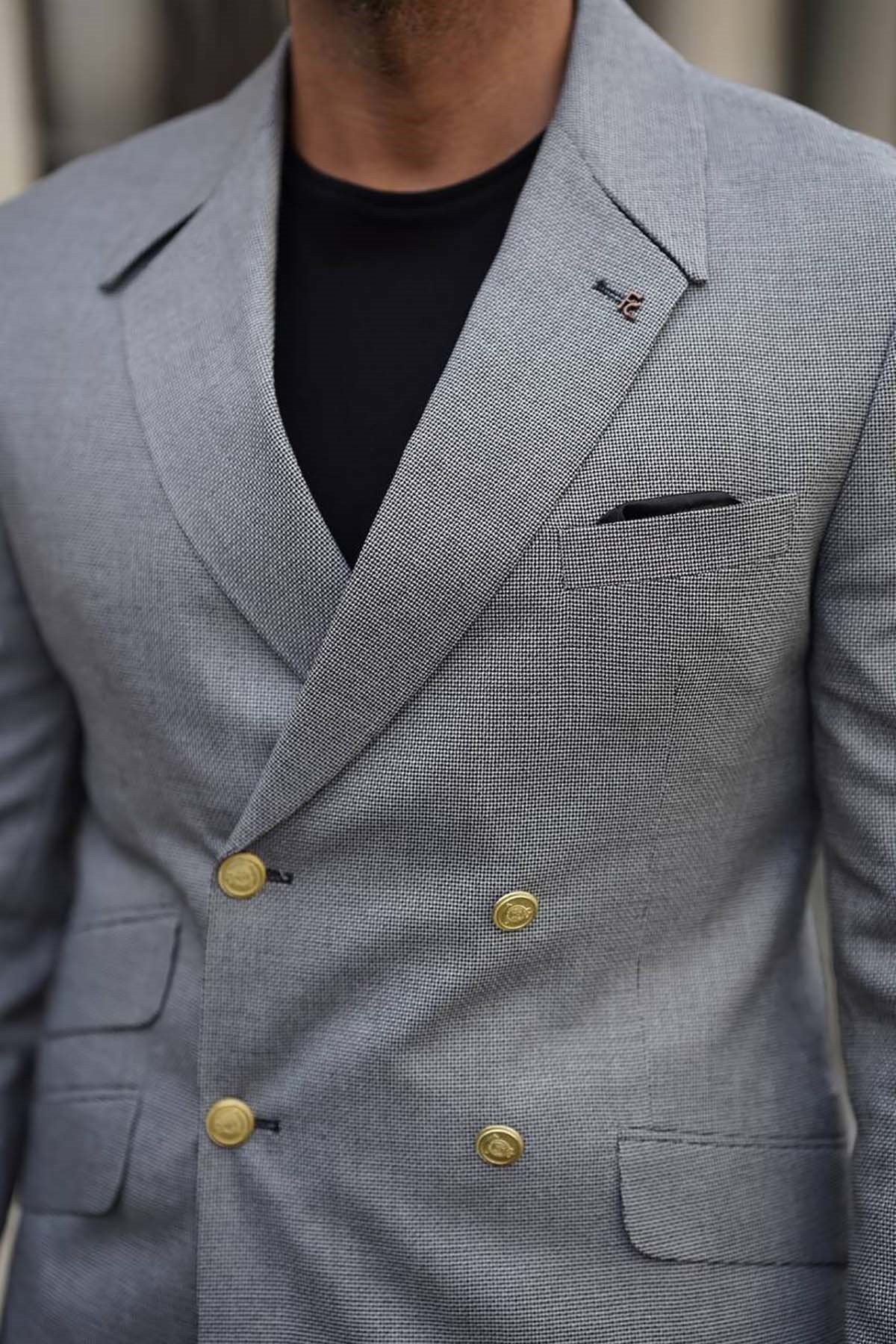 GOLD DOUBLE BUTTON DRESS COAT グレー Vintage Gold Button Super 110S Wool Double Breasted Blazer