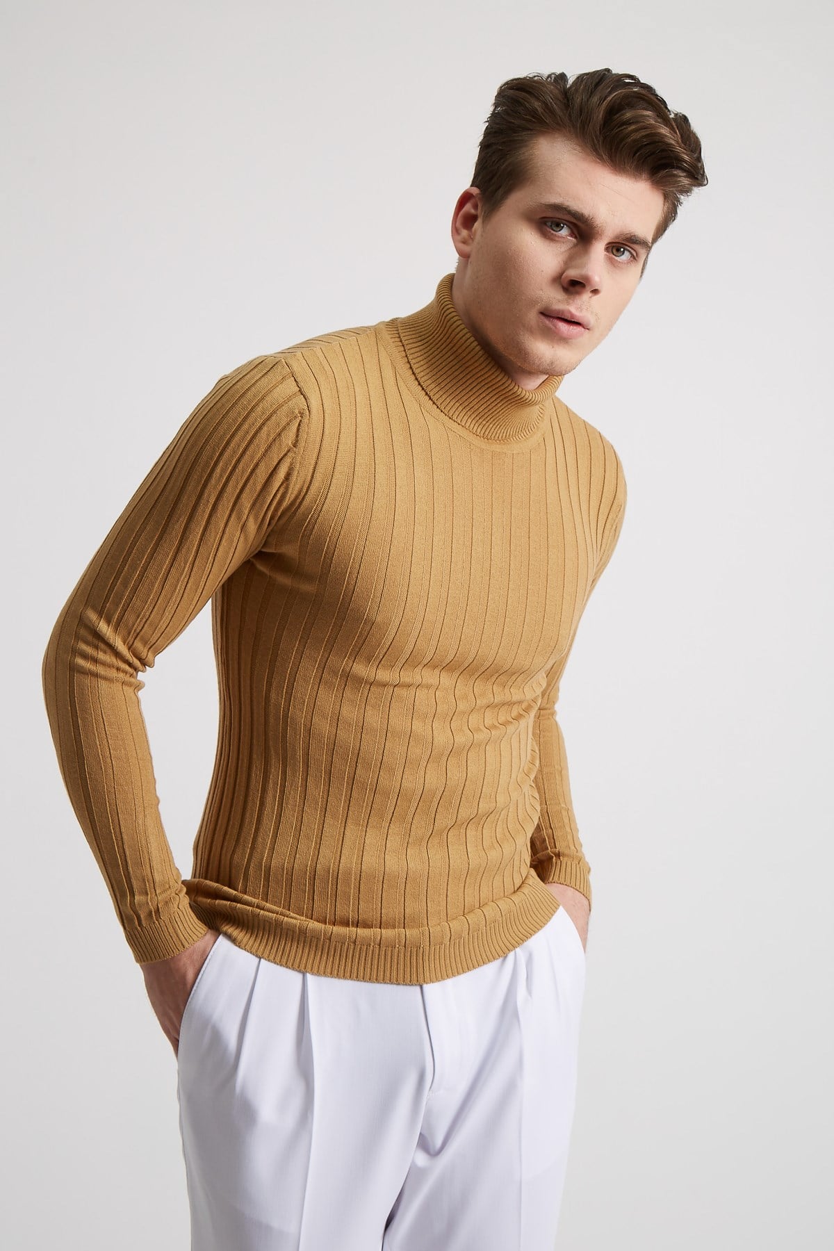 BEIGE CORDED TURTLENECK KNITWEAR - SLIM FIT