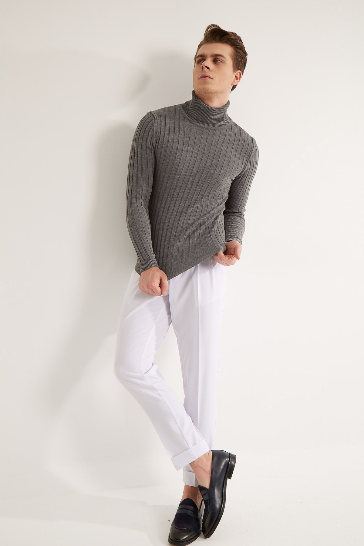 KHAKI CORDED TURTLENECK KNITWEAR - SLIM FIT