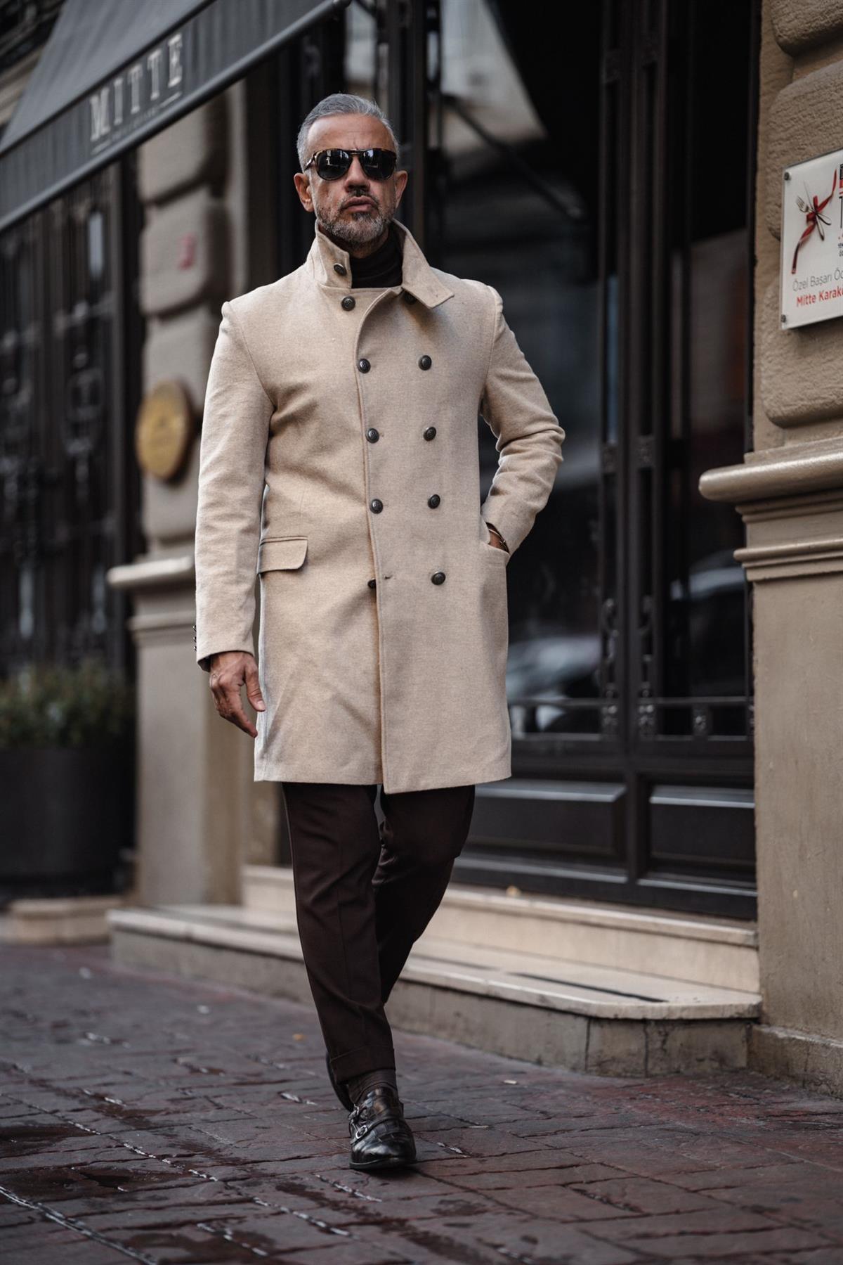 GRANDAD COLLAR METAL BOTTON LONG CACHET COAT