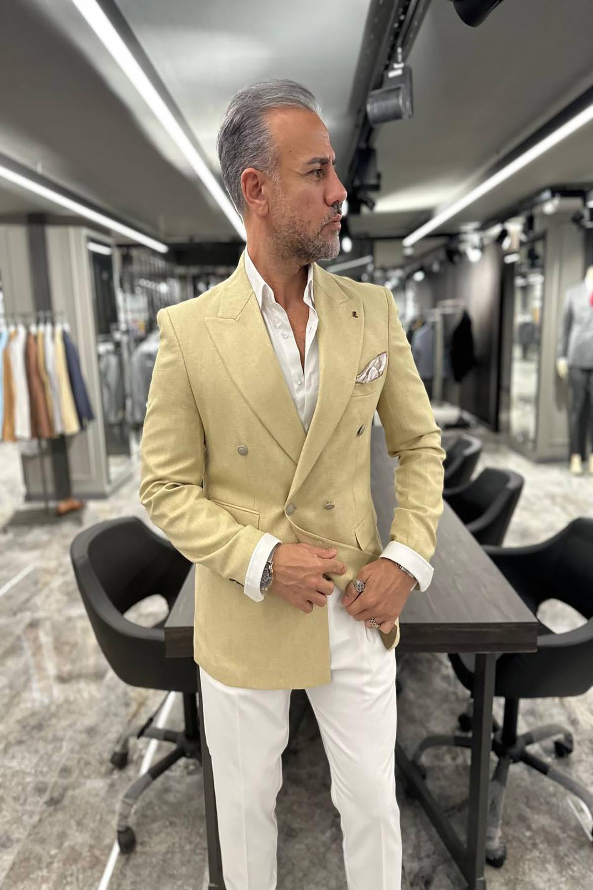  POCKET DETAILED DOUBLE BREASTED WIDE NECK BEIGE JACKET